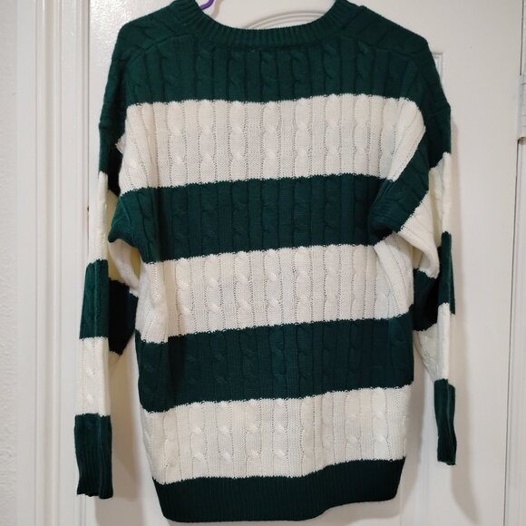 Love Change Italy V-neck Knit Green and White Striped Sweater | Womens Sz Medium - Picture 2 of 5